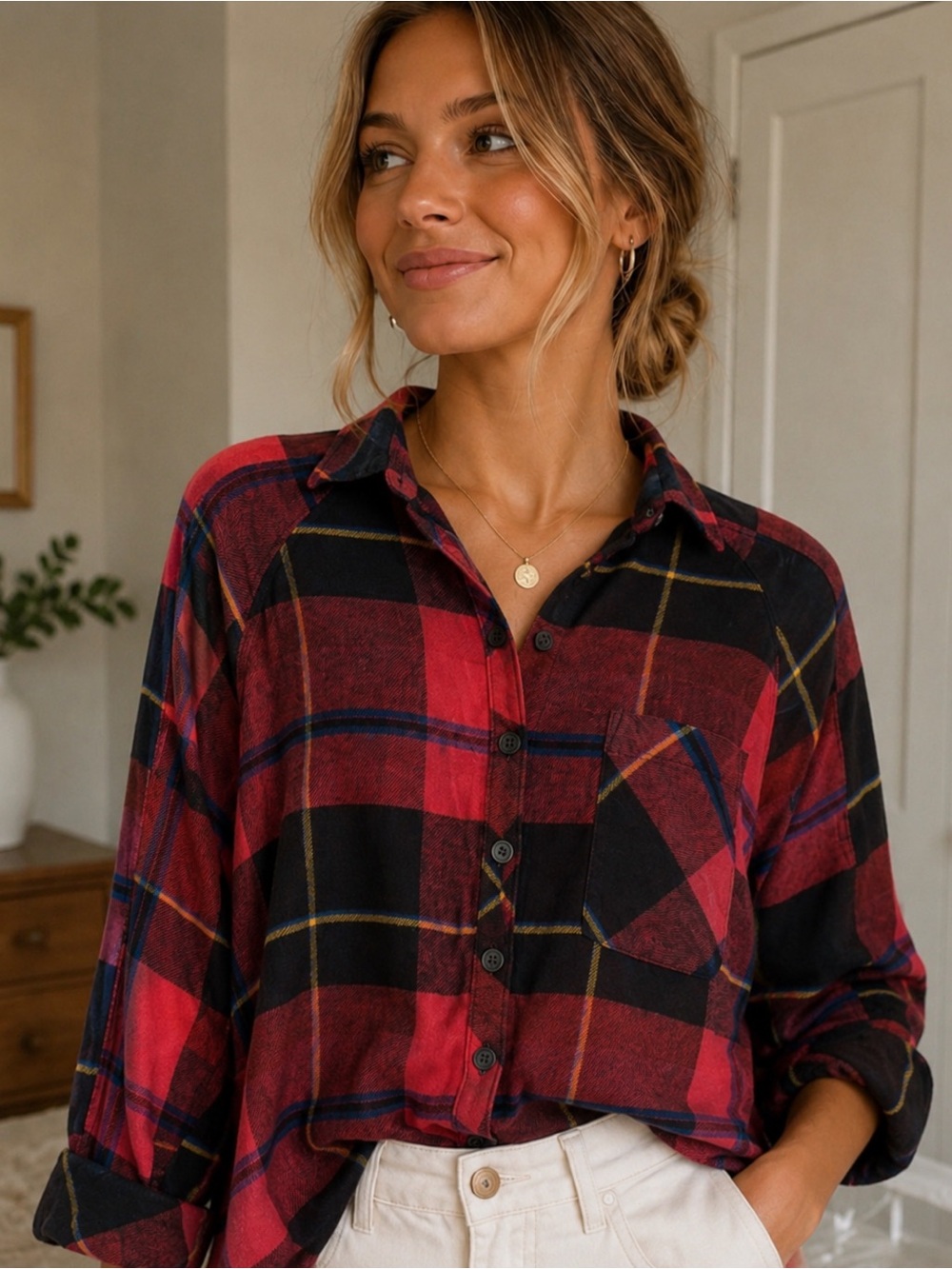 Urban Outfitters Oversized Flannel Top Womens XS Black Red Plaid Indie Grunge